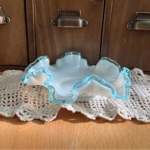Fenton Milk Glass Bowl Aqua Crest Ruffled Crimped Edge 1940s/1950s